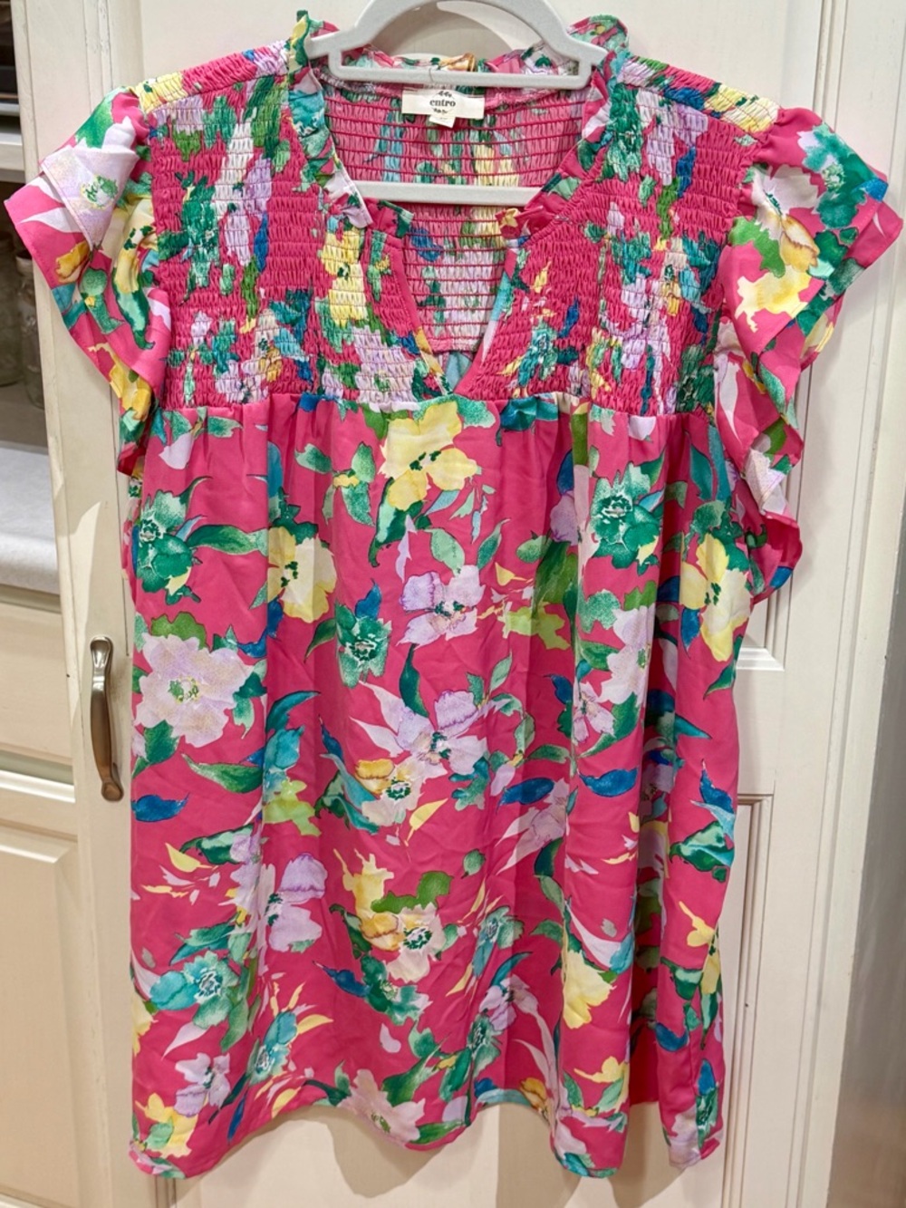 entro Pink Floral Smocked V-Neck Blouse